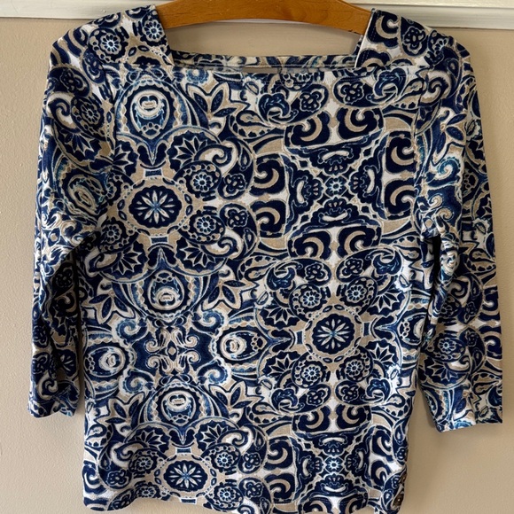 Chico's Tops - Chico's Navy and White Patterned Boatneck 3/4 Sleeve Top
